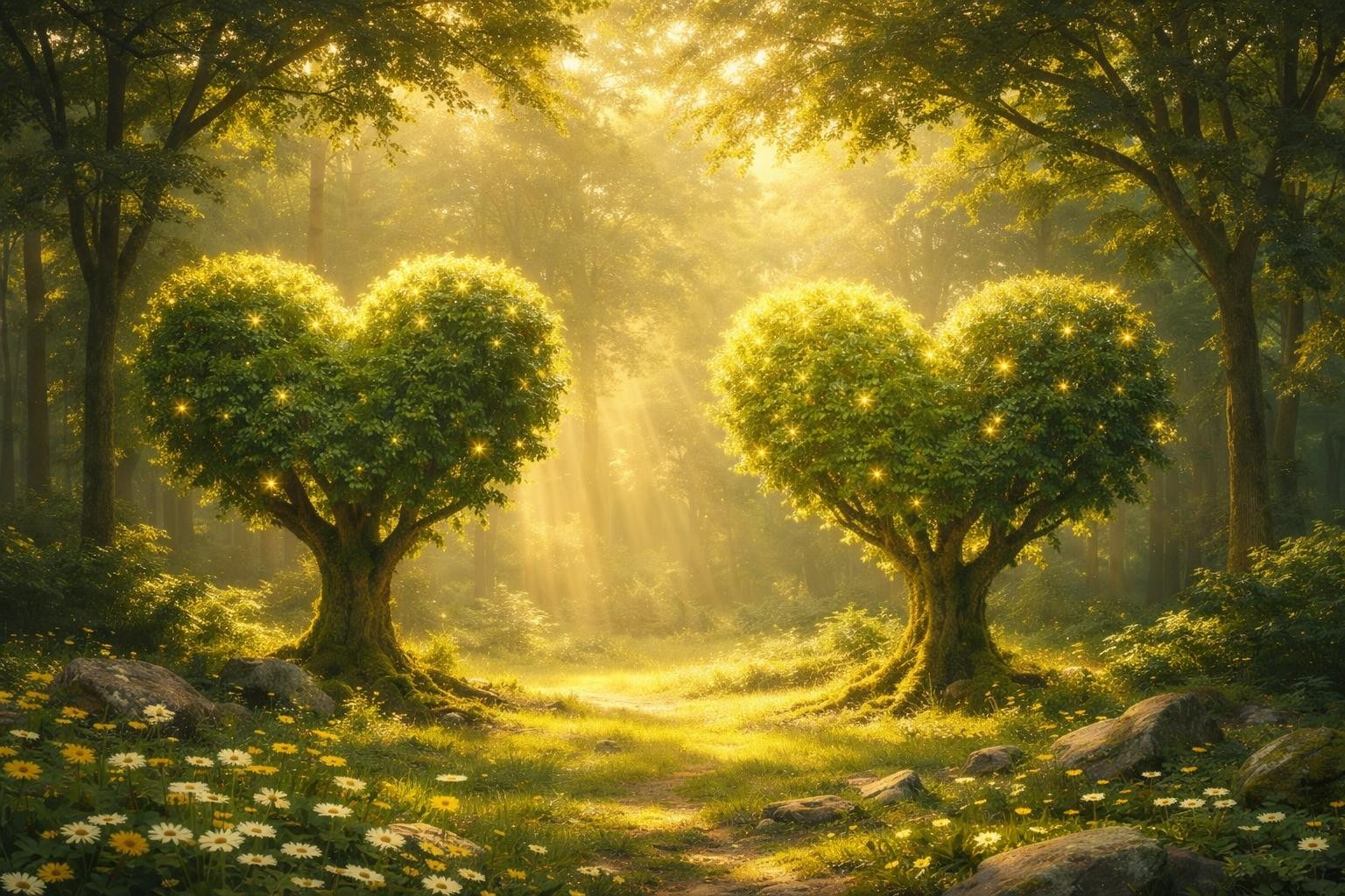 Magical heart-shaped trees glowing Two heart-shaped trees glowing with golden sparkling lights in a sunlit forest clearing