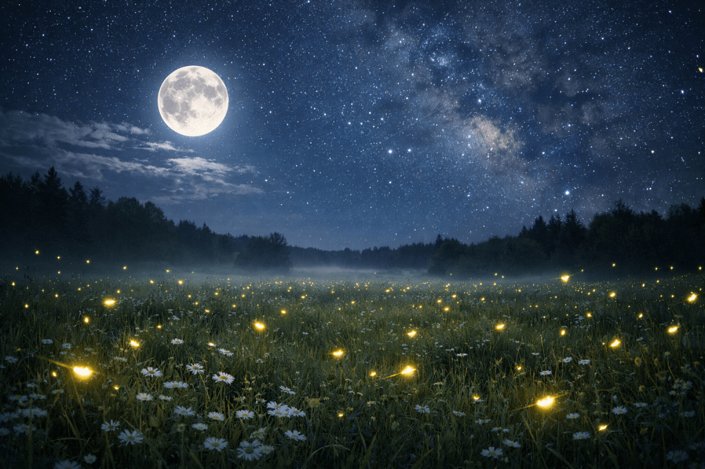 Meadow at night with full moon, glowing fireflies, and starry sky