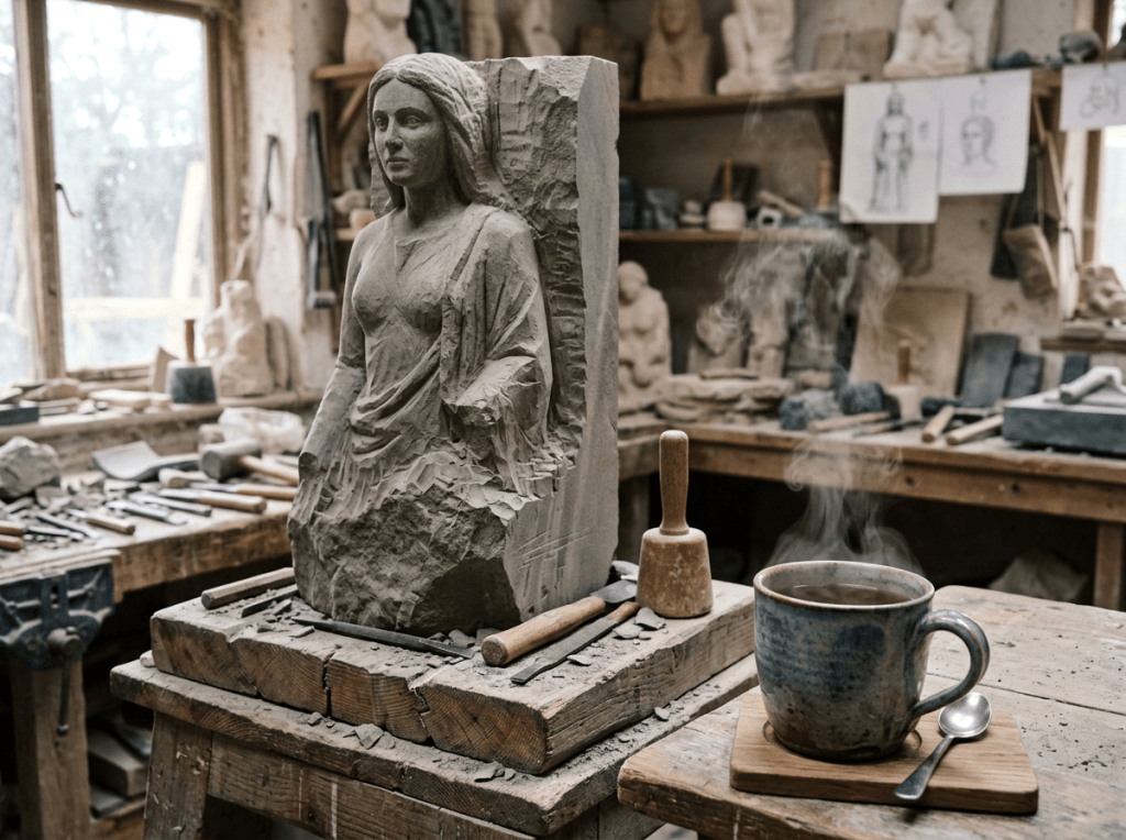 Unfinished stone sculpture of a woman on a wooden table with sculpting tools and a steaming cup of tea