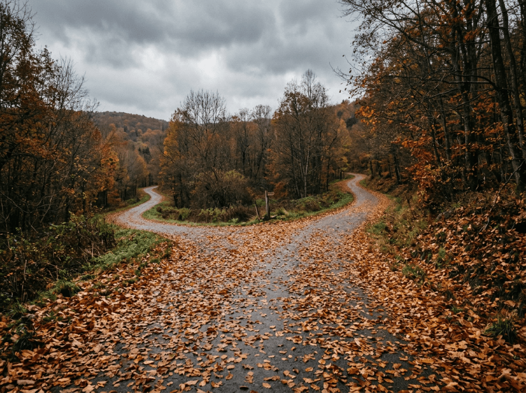 A forked forest path covered with dry autumn leaves