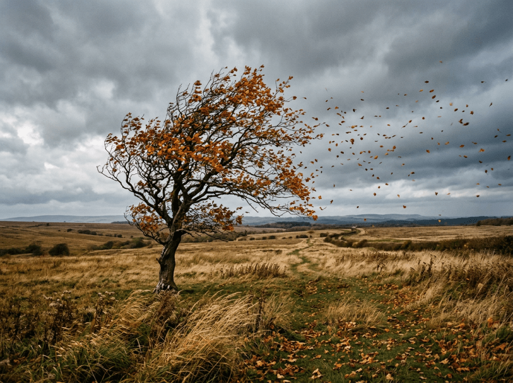A single tree with orange autumn leaves bending as wind blows leaves away in a grassy moorland under cloudy sky