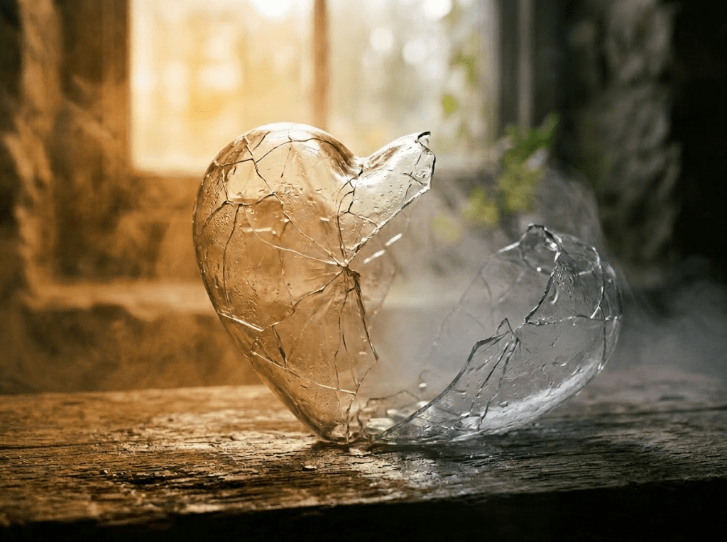 Broken glass heart on wooden surface with silhouette of couple holding hands inside