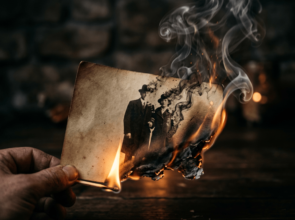 Burning vintage photo of a man and woman in formal attire